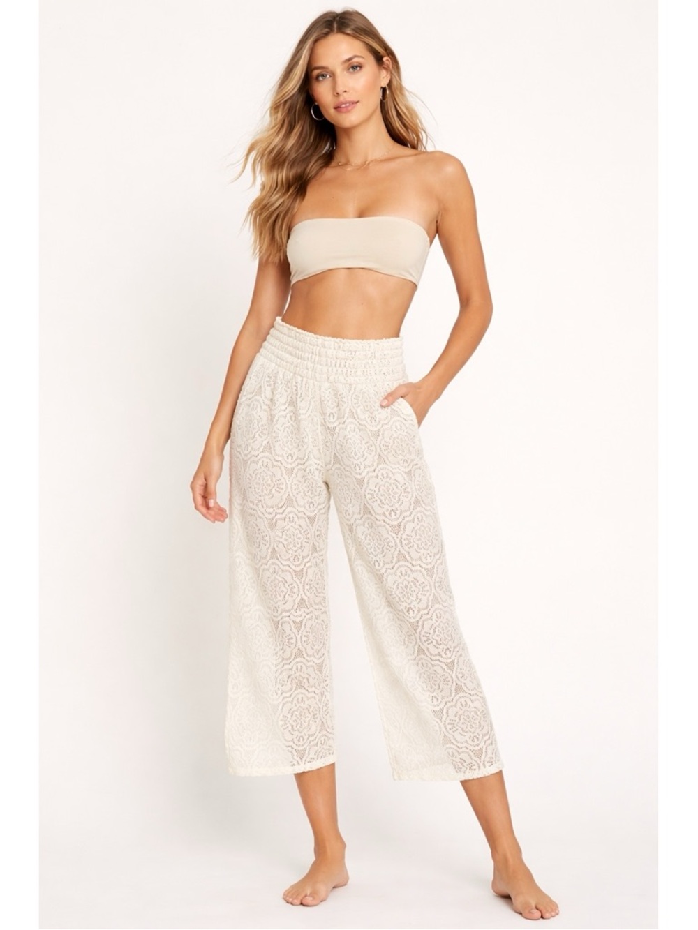 Aerie Lace High Waist Cropped Wide-Leg Cotton Cover Up Lounge Pants White Medium
